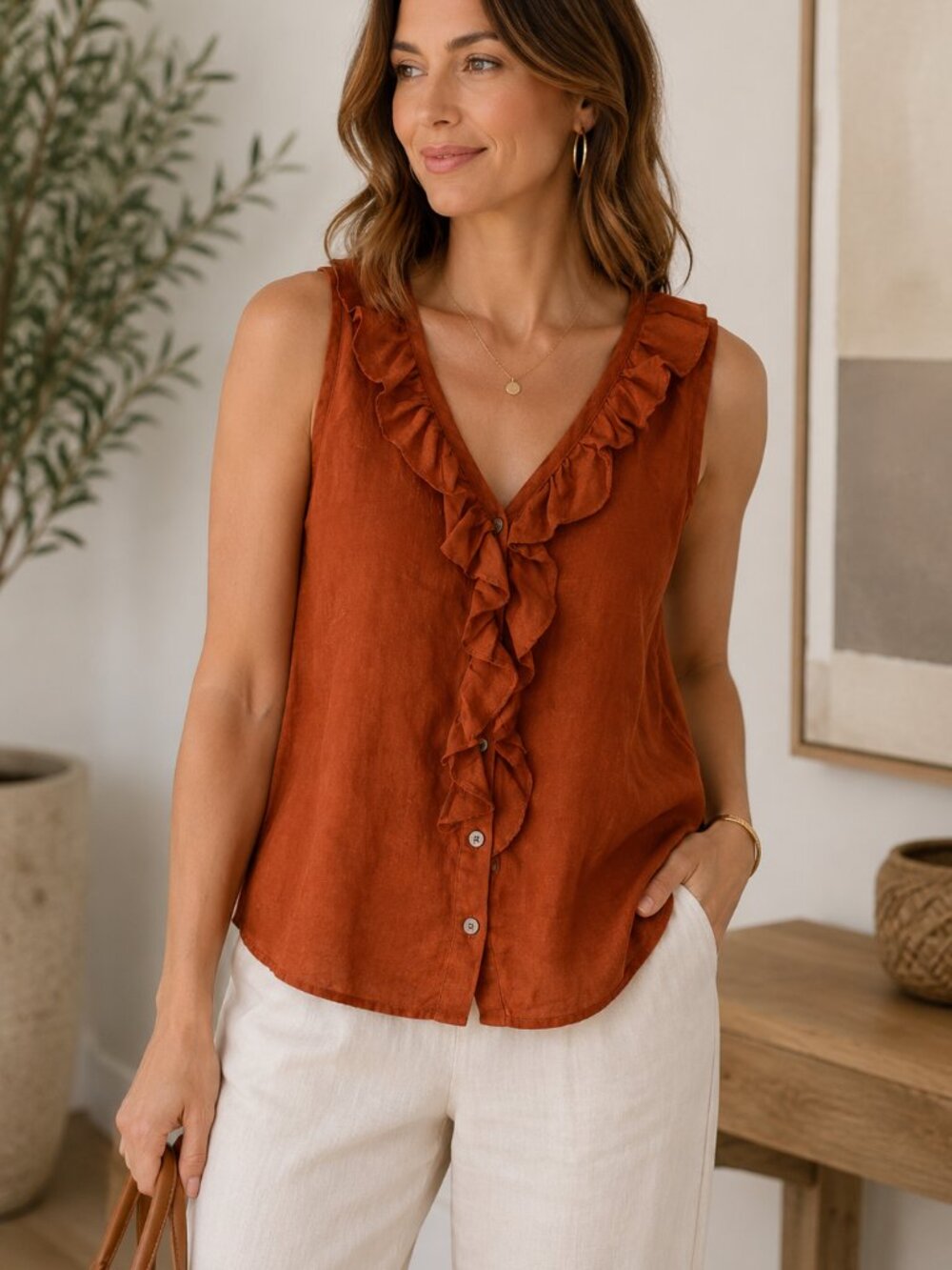 J.Jill 100% Ramie Ruffle Front Sleeveless Blouse | Burnt Orange | Medium